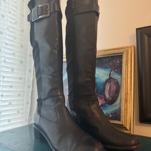 TAHARI Knee High Low Heel Black Leather and Stretch Fabric Boots  - size 7M